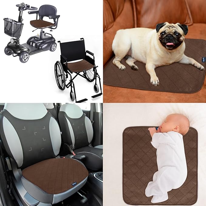 Waterproof Chair Pads for Incontinence 18" x 16", 2 Pack Non Slip Absorbent Wheelchair Reusable Seat Protector, Washable Seat Covers for Chairs, Brown