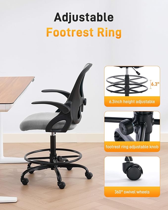LukkDys Drafting Chair with 4D Multi-Adjustable Backrest, Tall Office Chair 19.7"-27.6" Seat Height, Ergonomic Standing Desk Chair with Flip-up Arms, Foot Ring, Grey&Black