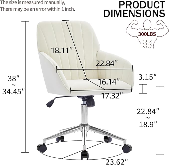 Velvet Home Office Desk Chair, Modern Cute Computer Task Chair with Back, Height Adjustable Upholstered Vanity Chair with Swivel Wheels for Women, Girls (Silver Base, Cream