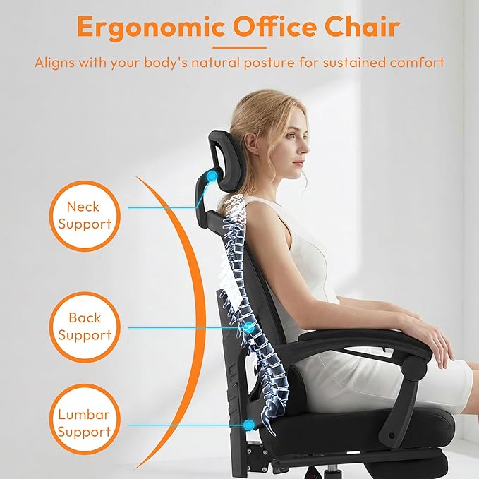 Desk Chair with Foot Rest, High-Back Mesh Office Chair with Wheels, Reclining Gaming Chair with Headrest and Adjustable Lumbar Support, 90°-130° Reclining, for Home Office and Gaming, Classic Black