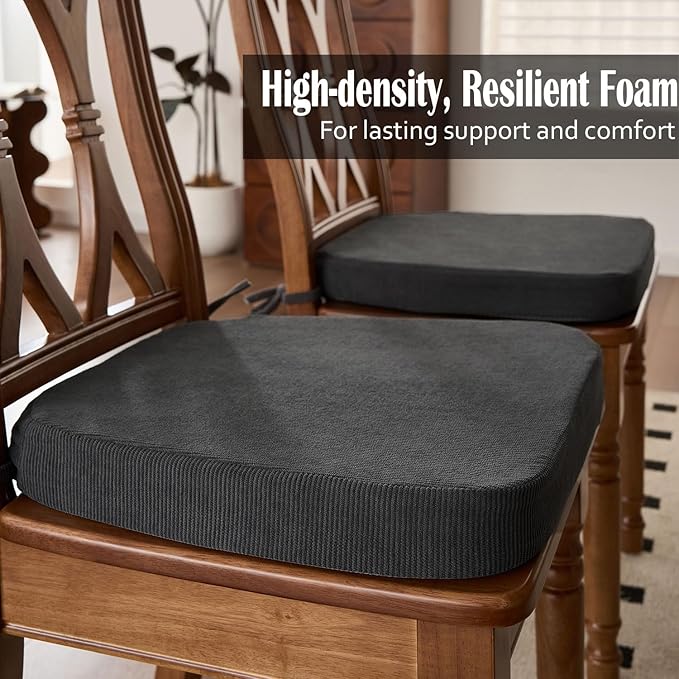 2'' Thick High-Density Foam Indoor Chair Cushions | Dining Chair Pads with Ties, Removable Washable Cover, Kitchen Chair Cushions 17"x16",Dark Gray 6 Pack