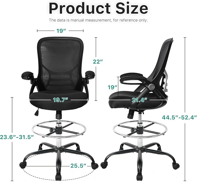 HYLONE Drafting Chair Tall Office Chair High-Back Mesh Standing Desk Stool with Adjustable Footrest Ring and Flip-Up Arms Black
