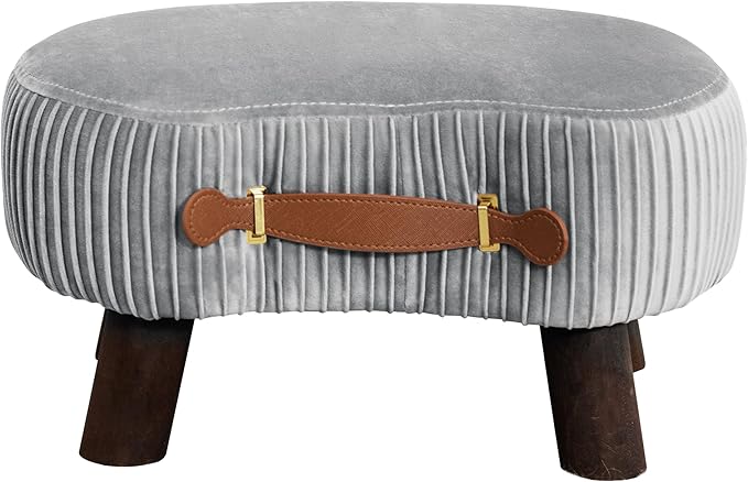LUE BONA Small Curved Foot Stool with Handle, Gray Velvet Footstool and Ottomans, Modern Foot Rest with Wooden Legs, Step Stool with Padded Seat for Couch, Living Room