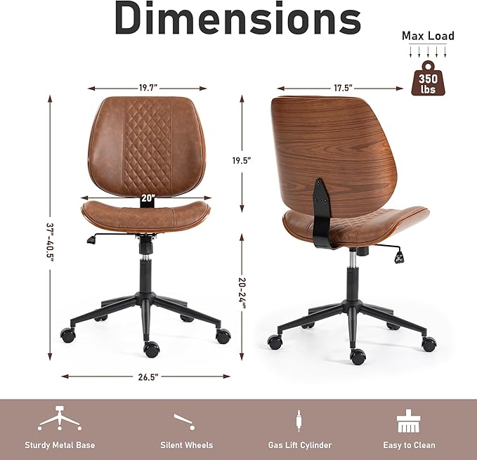 DYHOME Modern Walnut Home Office Chair with Wheels, Executive Office Desk Chair No Arms, Adjustable Height Small Desk Chair, Comfy PU, Deeper Cushion, Mid Back 360 Swivel Computer Chair, Brown