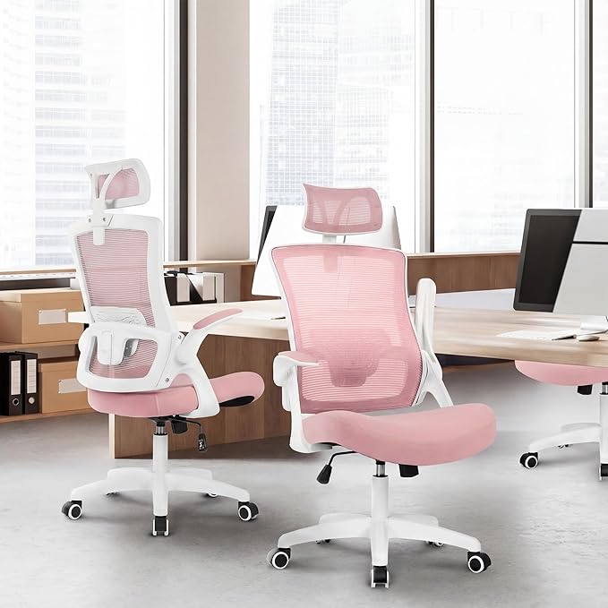 NEO CHAIR Ergonomic Office Desk Chair High Back Computer Gaming Mesh Chair with Comfy Task Adjustable Arms Lumbar Support Headrest Swivel for Home Office (Pink)