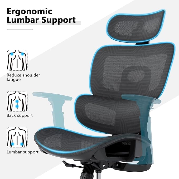 OS MOTOR Ergonomic Mesh Office Chair, Adjustable Headrest, 3D Armrests, Lumbar Support, Tilt Lock Function, Breathable High-Back Desk Chair Computer Chair for Home Office Work, Study, Gaming, Black