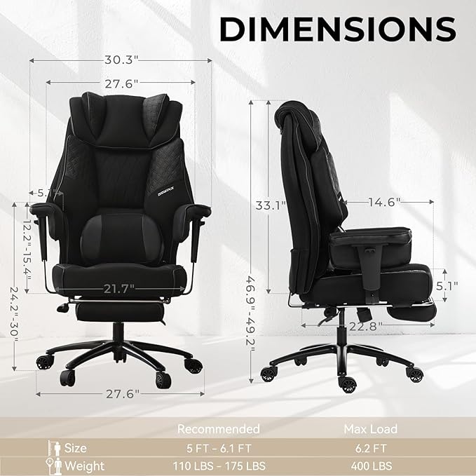 Dowinx Big and Tall Office Chair with Massage Lumbar Support,Executive Office Chair with Wide Thick Seat Cushion and Adjustable Armrest,Mesh Computer Gaming Chairs with Footrest,Black