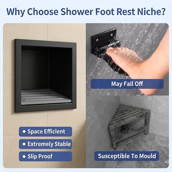 Shower Shaving Foot Rest Niche, 304 Stainless Steel 7''x7'' Shower Foot Rest for Shaving Legs, Anti Slip Recessed Single Layer Wall Niche Insert Tile Ready, for DIY, Regularly Shave Legs