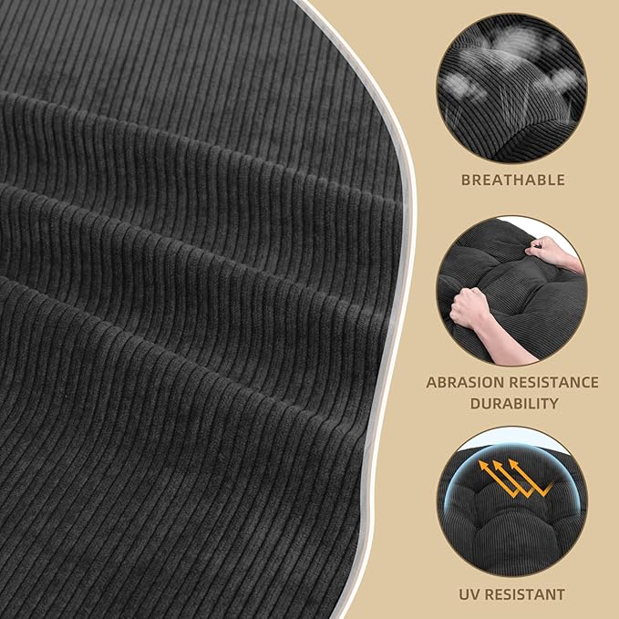 Rocking Chair Cushion - Corduroy Fabric, High-Density Sponge, Durable Comfort Non-Slip Bottom Tufted Seat Pads with Ties, Corduroy︱Deep Gray, 44x19x4 inch