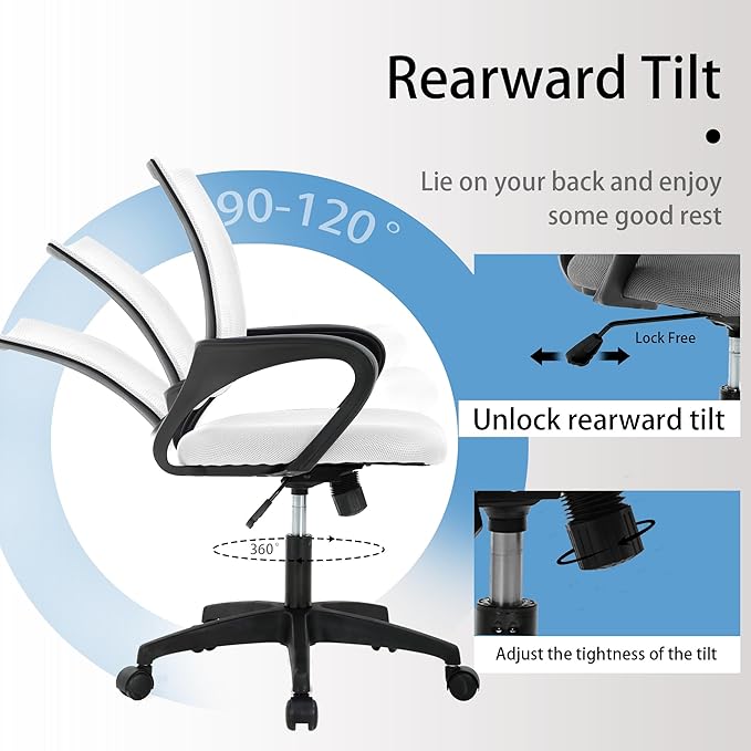 Backrest Office Chair - Ergonomic Mesh Design with Height Adjustable 17.7-20.7", Day Work, PVC Base, White