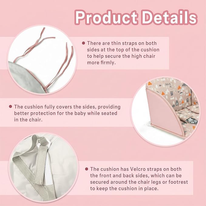 High Chair Pad, High Chair Cushion, Seat Cushion Breathable Pad, Cute Pattern,Comfortable Seat Belt Design, Soft and Comfortable, Baby Sits More Comfortable (Pink Animal Pattern)