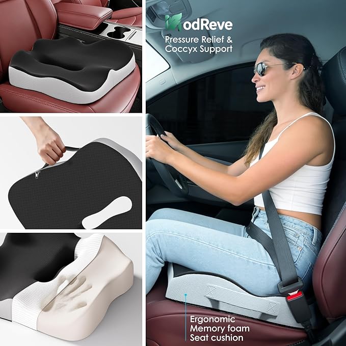Car Seat Cushion, Extra Large Memory Foam Cushion with Adjustable Strap for Truck Drivers & Long Driving, Orthopedic Sciatica and Tailbone Pain Relief, Comfort Support for Travel Essentials