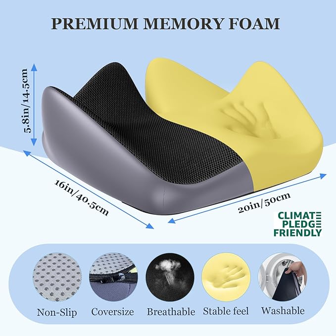 Office Chair Cushion, Large Breathable Ergonomic Seat Cushion – Pressure Relief for Tailbone/Sciatica/Back Pain from Long Sitting, Memory Foam Pad for Desk Chairs, Office Chairs & Long Trips