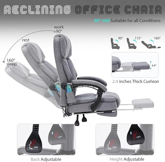 Massage Office Chair with Heat,Reclining Office Chair with Foot Rest,6 Points Vibration Home Desk Chairs for Heavy People 400lbs,Ergonomic Managerial Executive Chair (Grey)