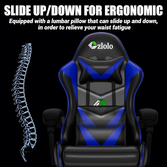 Czlolo Gaming Chair with Footrest Racing Style Lumbar Support Massager Video Game Chair with Metal Legs, High Back Reclining Gamer Chair with Headrest, 360° Swivel Office Computer Desk Chair (Blue)
