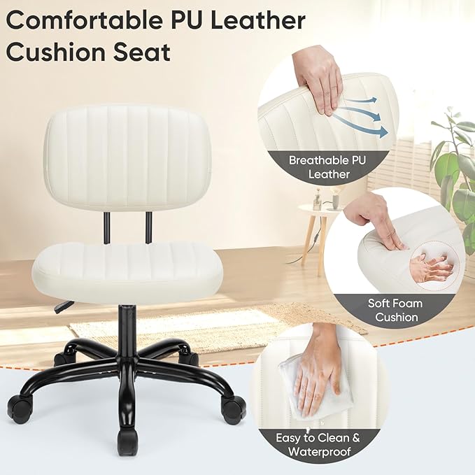 DUMOS Small Office Desk Chair - Armless PU Leather with Comfy Lumbar Support, Height Adjustable Rolling Swivel Task for No Arms, for Adult, Student, Bedroom, Home, Vanity, Beige White