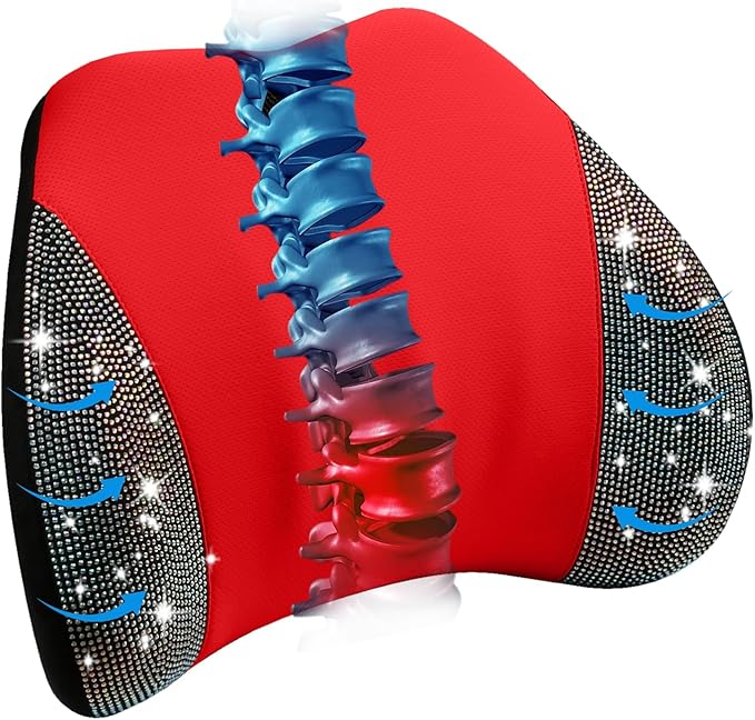 Lumbar Support Pillow with Diamond, Memory Foam Lumbar Pillow for Office Chair for Lower Back Pain Relief, Car Lumbar Support for Driving Seat, Back Support Pillow for car Chair (Red)