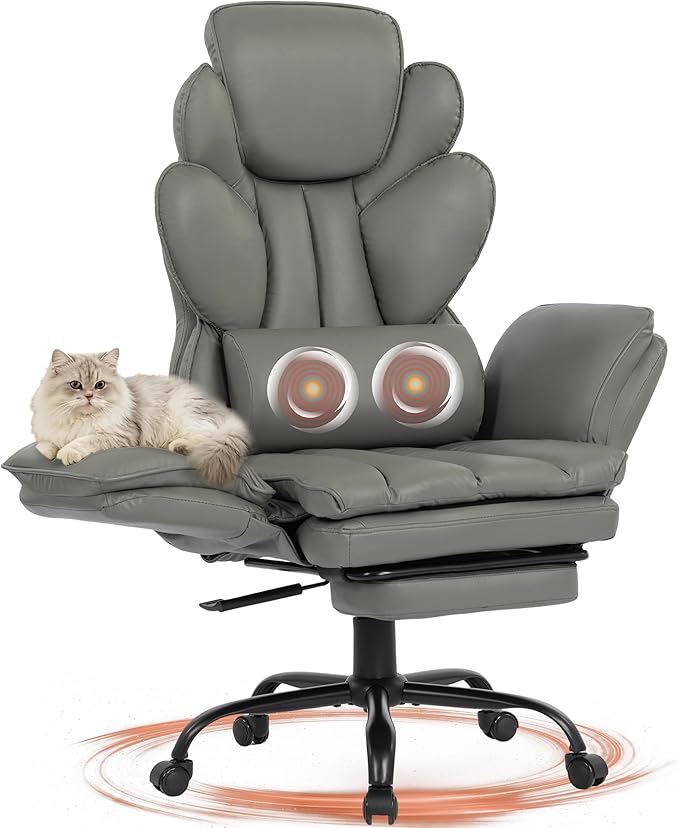 Big and Tall Office Chair, Flip Armrests Criss Cross Office Chair, Reclining Desk Chair with Foot Rest, Adjustable Headrest, Massage Waist Pillow Cross Legged Wide Seat Vanity Chair, PU Leather Grey