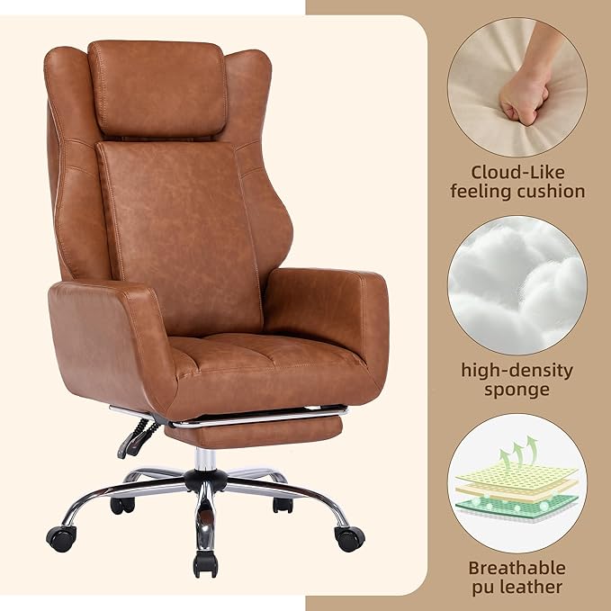 DYHOME Criss Cross Office Chair with Footrest, Executive Office Chair Ergonomic Flip-Up Armrest Office Chairs, Adjustable Reclining Computer Desk Chair for Working, Gaming, Relaxing,Brown Leather