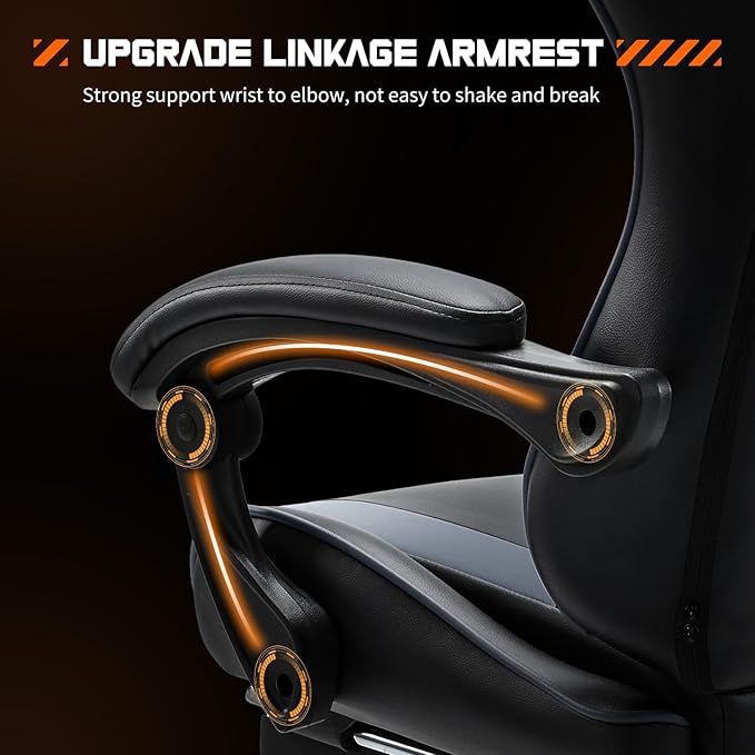 DUMOS Gaming Office Desk Chair with Footrest and Headrest for Adults, PU Leather Ergonomic Video Computer Chair with Linkage Armrests, Height Adjustable 360° Swivel Recling Chair, New Grey