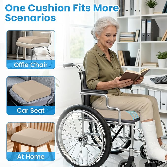 Wheelchair Seat Cushion for Pressure Relief, Cooling Gel Memory Foam Chair Cushion with Slope-Edge Design, Coccyx Support for Tailbone Pain, Non-Slip, for Wheelchairs, Office Chairs & Car Seats, Khaki