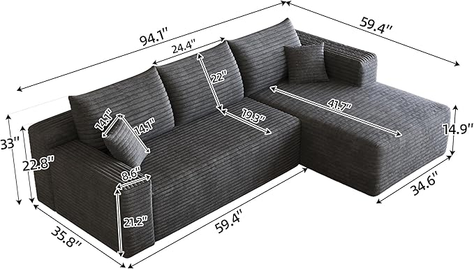 94" Boneless Couches with Right Facing Chaise for Living Room,Corduroy Sectional Couch,L-Shape Cloud Couches Compressed Memory Foam Cloud Sofa,No Assembly Required,Darkgrey