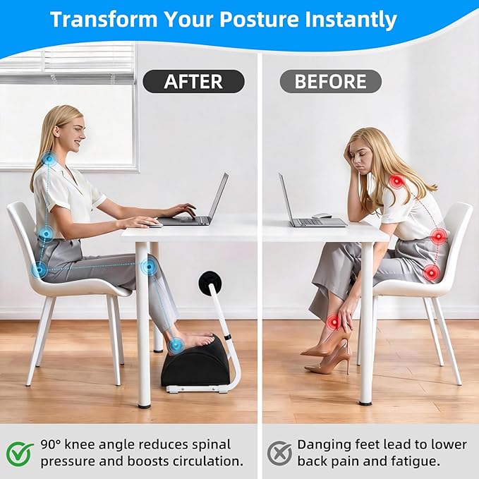 Under Desk Footrest Detachable - Leg Rest Adjustable 3 Height Positions for Under Desk, Ergonomic Foot Rest for Office or Home Use