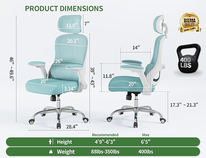 Office Chair - Ergonomic Office Chair with Back Support, Ergonomic Computer Chair - Home Office Desk Chairs, 400lbs Wide Seat Big and Tall Office Chairs with Headrest, Comfy Desk Chairs(Blue)