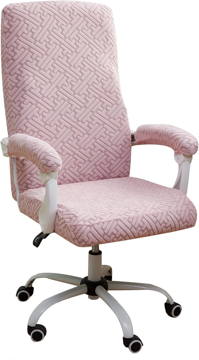 FORCHEER Large Office Chair Cover with Armrest Cover Pink Jacquard Stretch Computer Chair Covers with Long Arm Rest Slipcovers Washable