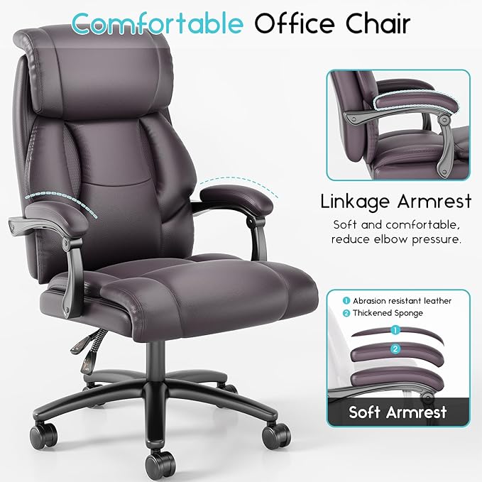 Ollega Reclining Office Chair, Executive Big and Tall Office Chair with Wide Seat, Recliner Leather High Back Computer Desk Chairs (Brown)