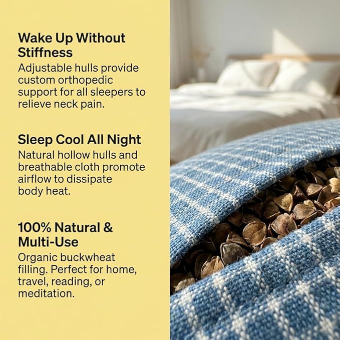 Adjustable Buckwheat Hull Pillow for Neck Pain Relief (21x8x4) Natural Cooling Cervical Support Camping Pillow for Side & Back Sleepers with Night Sweats (xiaoge Blue)