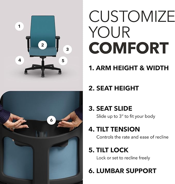 HON Ignition 2.0 Mid Back Task Chair, Spectrum Mesh, Advanced Synchro-Tilt Control, Office Chair with Lumbar Support, Height and Width Adjustable Arms, Black Frame, Sky