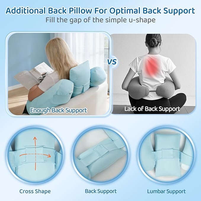 Cooling Crochet Pillow for Lap Support - Gaming Pillow for Lap with Extra Back Pillow for Support, Enlarged Reading Pillow for Laptop, Multi-Purpose Reading Pillow for Gaming/Working/Crocheting,Blue