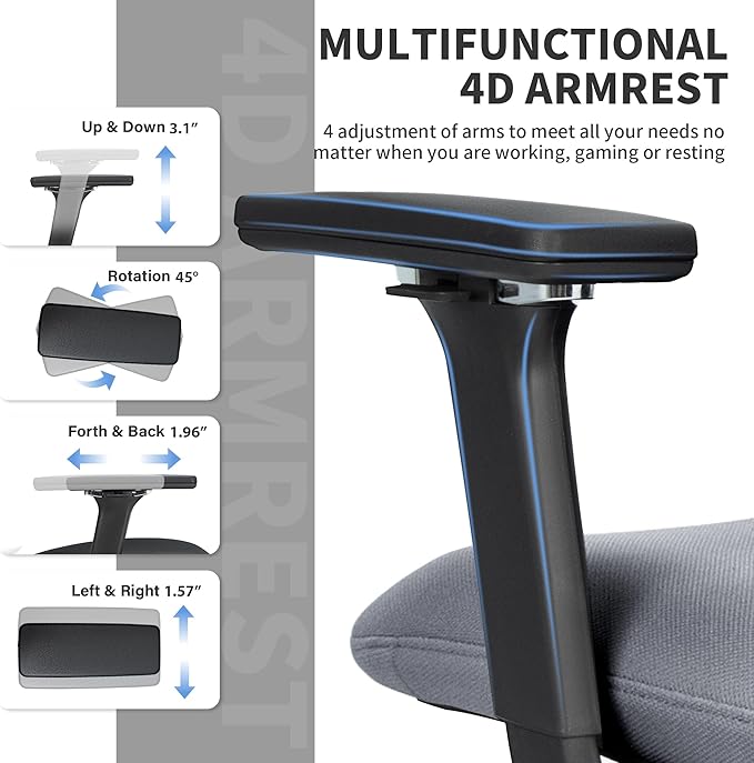 Ergonomic Office Chair with Footrest, 90-135° Reclining High Back Desk Chair with Lumbar Support, 2D Headrest, 4D Armrests, Computer Chair for Long Hours, Dark Grey