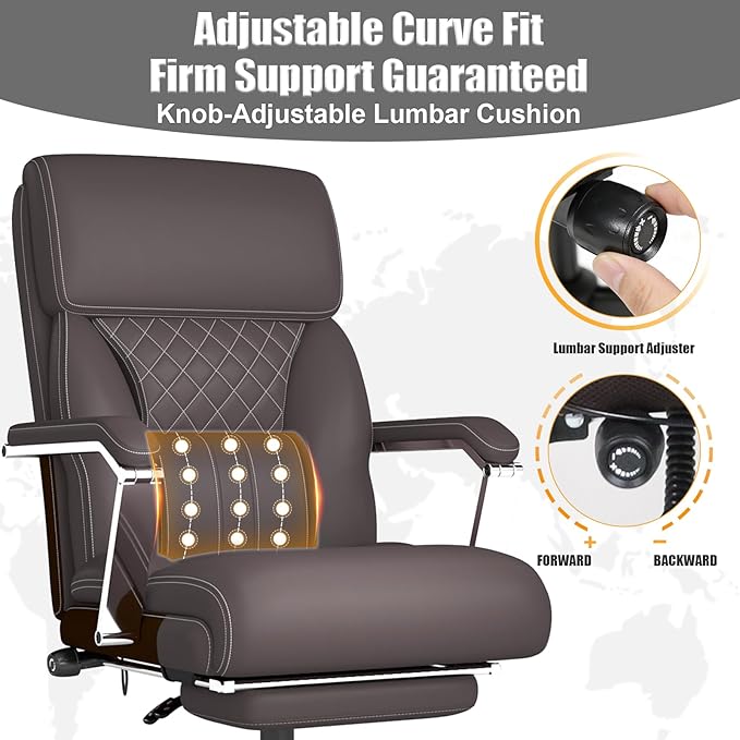Ergonomic Executive Leather Office Chair with Footrest, Reclining Computer Desk Chair with Adjustable Lumbar Support, 360° Swivel, 400lbs Capacity