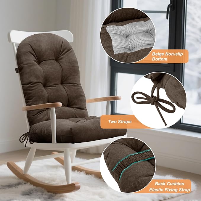 Rocking Chair Cushion - Velvet Fabric, High-Density Sponge, Durable Comfort Non-Slip Bottom Tufted Seat Pads with Ties, Velvet︱Chocolate Brown, 44x19x4 inch