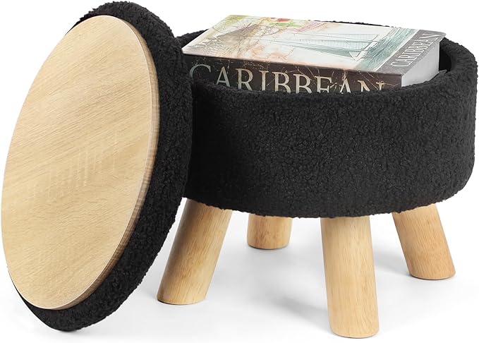 OGEMXU Ottoman Foot Rest, Small Round Ottoman with Storage, Boucle Teddy Velvet Footstool with Wood Legs, Soft Sponge Storage Ottoman for Living Room, Bedroom, Couch, Enterway (Black)