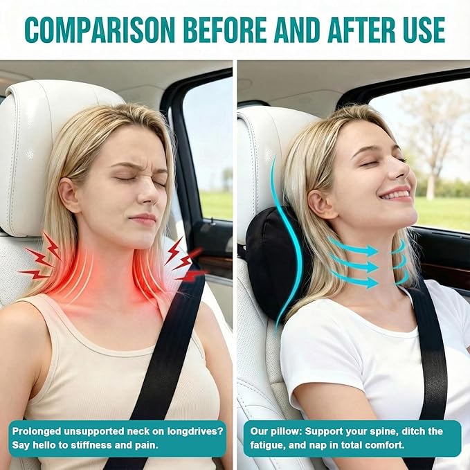 2PCS Car Pillow for Car Neck Pillow for Driving Seat Neck Support Soft Cushion Back Support Head-Rests for Vehicle Sleeping with Elastic Adjustment Strap (Beige, Head)
