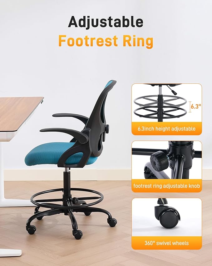 LukkDys Drafting Chair with 4D Multi-Adjustable Backrest, Tall Office Chair 19.7"-27.6" Seat Height, Ergonomic Standing Desk Chair with Flip-up Arms, Foot Ring, Blue&Black