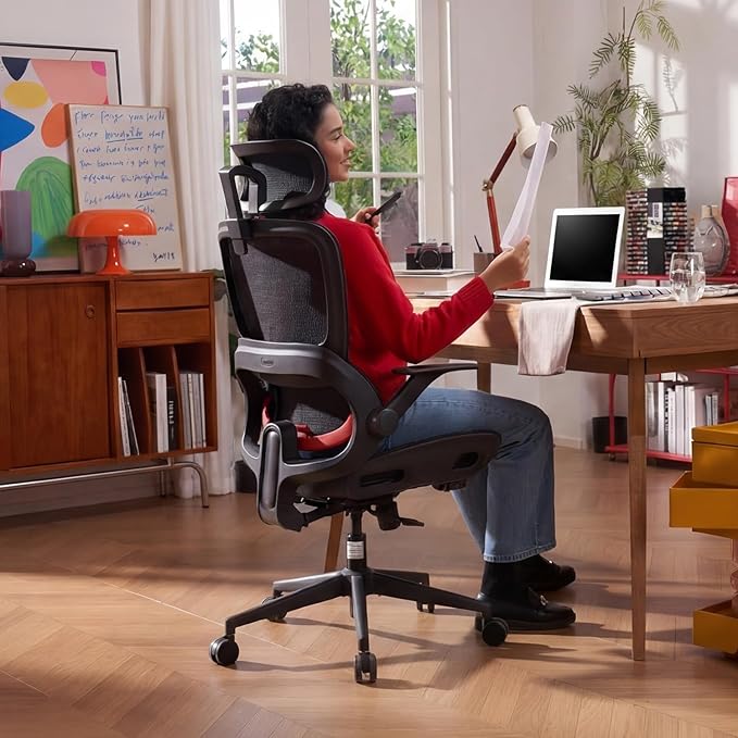 SIHOO B100 Office Chair, Ergonomic Office Chair Without Footrest, Computer Chair with Wide Headrest & Adaptive Lumbar Support, Flip-up Armrests, Swivel Desk Chair for Long Hours, Black