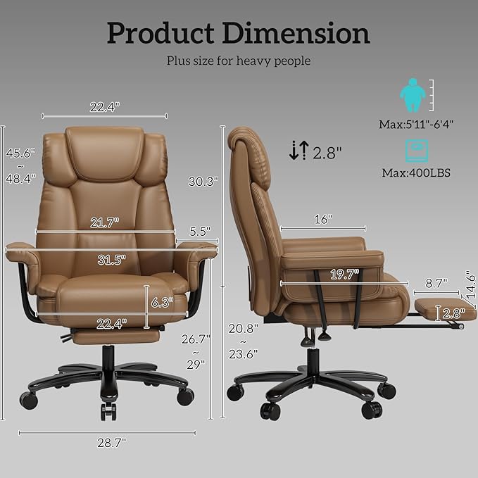 GYI 160° Reclining Office Chair with Footrest, Big and Tall High Back Home Office Chair, Leather Computer Desk Chair with Cross Legged Seat, Arms, Wheels, Brown