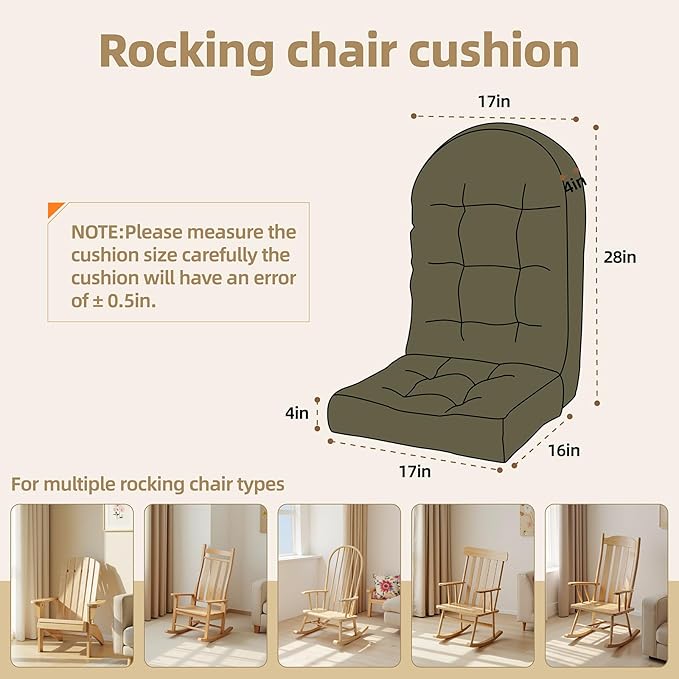 Rocking Chair Cushion - Plaid Corduroy Fabric, High-Density Sponge, Durable Comfort Non-Slip Bottom Tufted Seat Pads with Ties, Plaid Corduroy︱Reseda Green, 44x19x4 inch