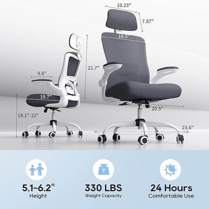 Office Chair, Ergonomic Mesh Desk Chair with Adjustable Lumbar Support and Headrest, Flip-up Armrests, High Back Computer Task Chair for Home and Executive Office (W-Dark Grey)