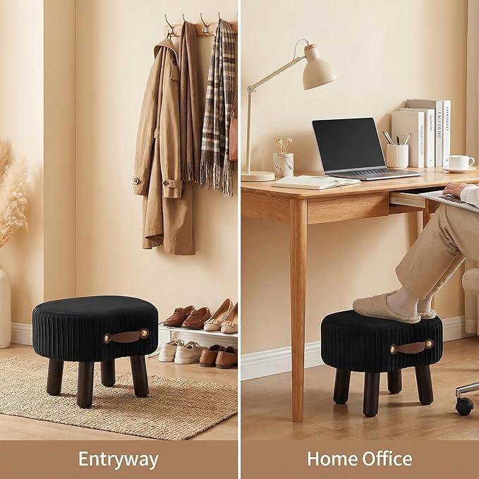 Small Ottoman Foot Rest,Foot Stool with Handle, Velvet Footstool Ottoman with Padded Seat, Curved Foot Rest Stool with Wooden Legs for Living Room, Entryway, Black
