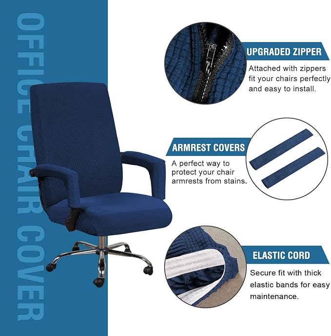 H.VERSAILTEX Office Chair Covers, Stretch Computer Rotating Chair Cover with Armrest Covers, Modern Jacquard with Zipper Simplism Style High Back Boss Chair Slipcover,Navy