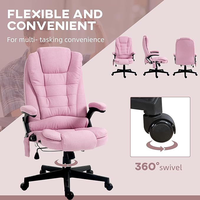 Vinsetto 6 Point Vibrating Massage Office Chair with Heat, Linen High Back Executive Office Chair with Reclining Backrest, Padded Armrests and Remote, Pink