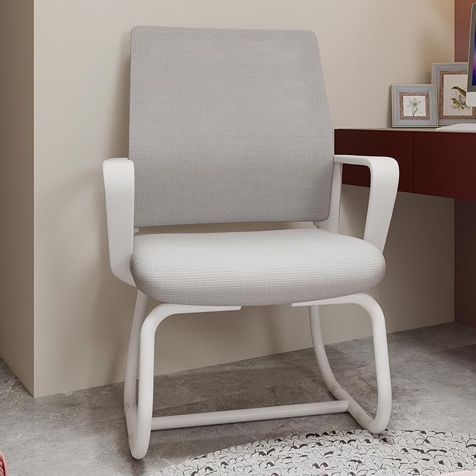 Minimalist Modern Office Chair with Metal Frame – Breathable Mesh Backrest, Ergonomic Support, Comfortable Seat Cushion for Home & Office Use (White+Gray)