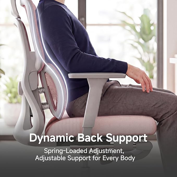 Ergonomic Office Chair with Footrest, 4D Armrests & Dynamic Lumbar Support, High Back Mesh Desk Chair with Adjustable Headrest, Reclining Computer Chair 380lbs for Long Hours (Pink)