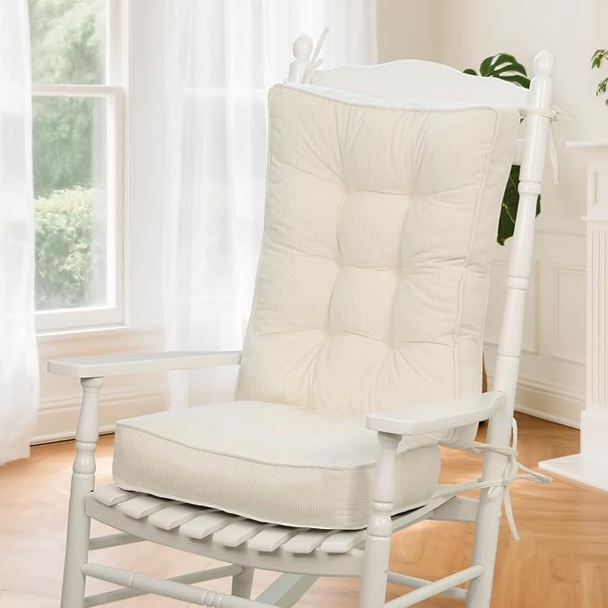Rocking Chair Cushion - Non-Slip Thick Rocking Chair Pad Indoor with Ties High-Back Rocker Cushion Set for Porches Balconies Nurseries & Living Rooms
