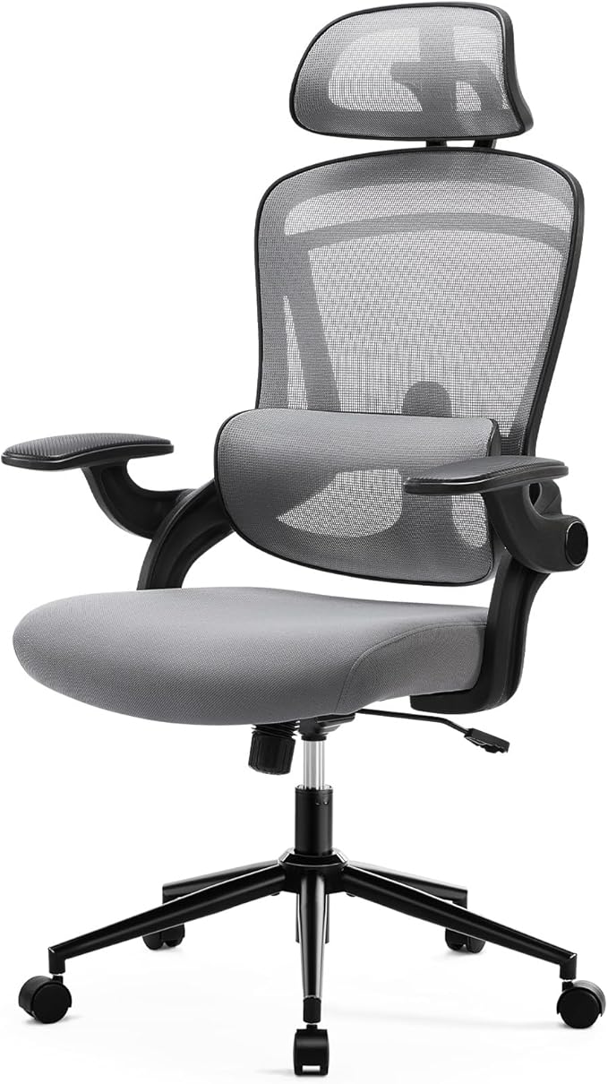 Sweetcrispy Ergonomic Desk Chair Office Chair, 300 LBS Home Mesh Office Desk Chairs with Wheels, 2D Headrest, Up&Down Lumbar Support, Swivel High Back Computer Chair with Flip-up Armrests,Dark Grey